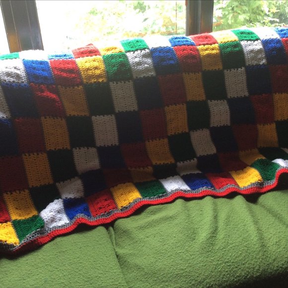 Set of 2 colorful crocheted Afghans 3 x 6 ft handmade Lego granny squares Twins - Picture 7 of 7